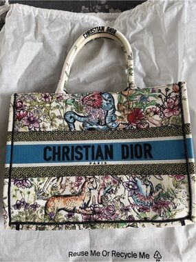Dior Cream Canvas Floral & Blue Stripe Book Tote